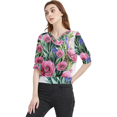 Attention-getting Watercolor Flowers Quarter Sleeve Blouse by GardenOfOphir