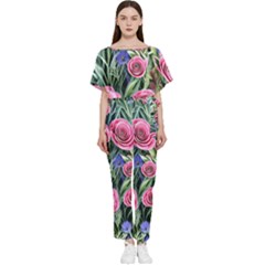 Attention-getting Watercolor Flowers Batwing Lightweight Chiffon Jumpsuit by GardenOfOphir