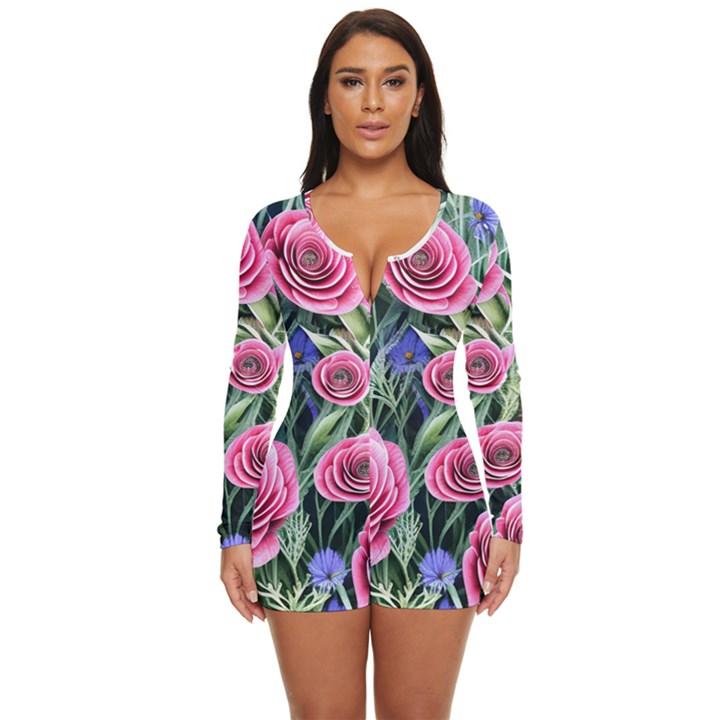 Attention-getting Watercolor Flowers Long Sleeve Boyleg Swimsuit