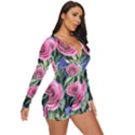 Attention-getting Watercolor Flowers Long Sleeve Boyleg Swimsuit View3