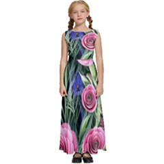 Attention-getting Watercolor Flowers Kids  Satin Sleeveless Maxi Dress by GardenOfOphir