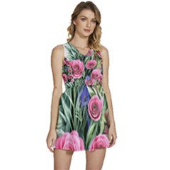 Attention-getting Watercolor Flowers Sleeveless High Waist Mini Dress