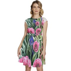 Attention-getting Watercolor Flowers Cap Sleeve High Waist Dress