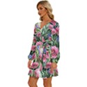 Attention-getting Watercolor Flowers Long Sleeve Waist Tie Ruffle Velvet Dress View2