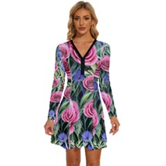 Attention-getting Watercolor Flowers Long Sleeve Deep V Mini Dress  by GardenOfOphir