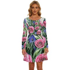 Attention-getting Watercolor Flowers Long Sleeve Wide Neck Velvet Dress by GardenOfOphir