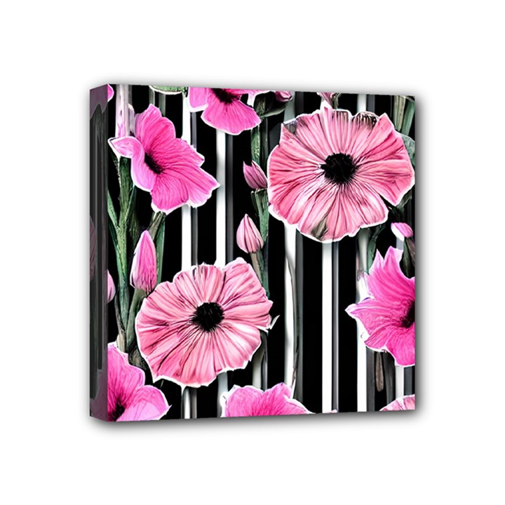 Black Stripes Beautifully watercolor flowers Mini Canvas 4  x 4  (Stretched)