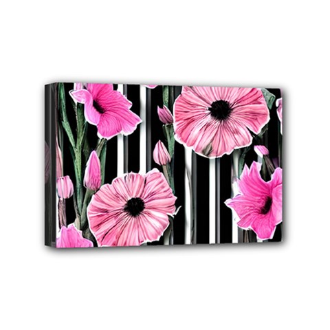 Black Stripes Beautifully Watercolor Flowers Mini Canvas 6  X 4  (stretched) by GardenOfOphir