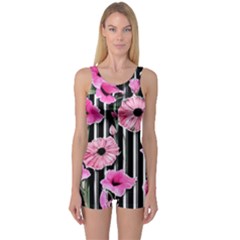 Black Stripes Beautifully Watercolor Flowers One Piece Boyleg Swimsuit by GardenOfOphir