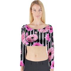 Black Stripes Beautifully Watercolor Flowers Long Sleeve Crop Top by GardenOfOphir