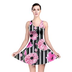 Black Stripes Beautifully Watercolor Flowers Reversible Skater Dress by GardenOfOphir