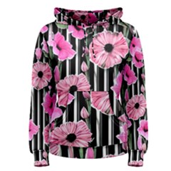 Black Stripes Beautifully Watercolor Flowers Women s Pullover Hoodie by GardenOfOphir