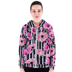 Black Stripes Beautifully Watercolor Flowers Women s Zipper Hoodie by GardenOfOphir