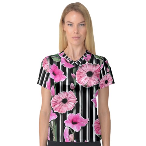 Black Stripes Beautifully Watercolor Flowers V-neck Sport Mesh Tee by GardenOfOphir