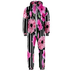 Black Stripes Beautifully Watercolor Flowers Hooded Jumpsuit (men) by GardenOfOphir