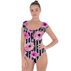 Black Stripes Beautifully Watercolor Flowers Short Sleeve Leotard  by GardenOfOphir