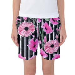 Black Stripes Beautifully Watercolor Flowers Women s Basketball Shorts by GardenOfOphir