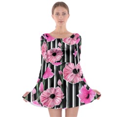 Black Stripes Beautifully Watercolor Flowers Long Sleeve Skater Dress