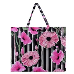 Black Stripes Beautifully Watercolor Flowers Zipper Large Tote Bag by GardenOfOphir