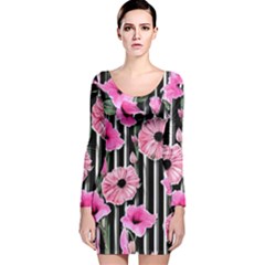 Black Stripes Beautifully Watercolor Flowers Long Sleeve Velvet Bodycon Dress by GardenOfOphir