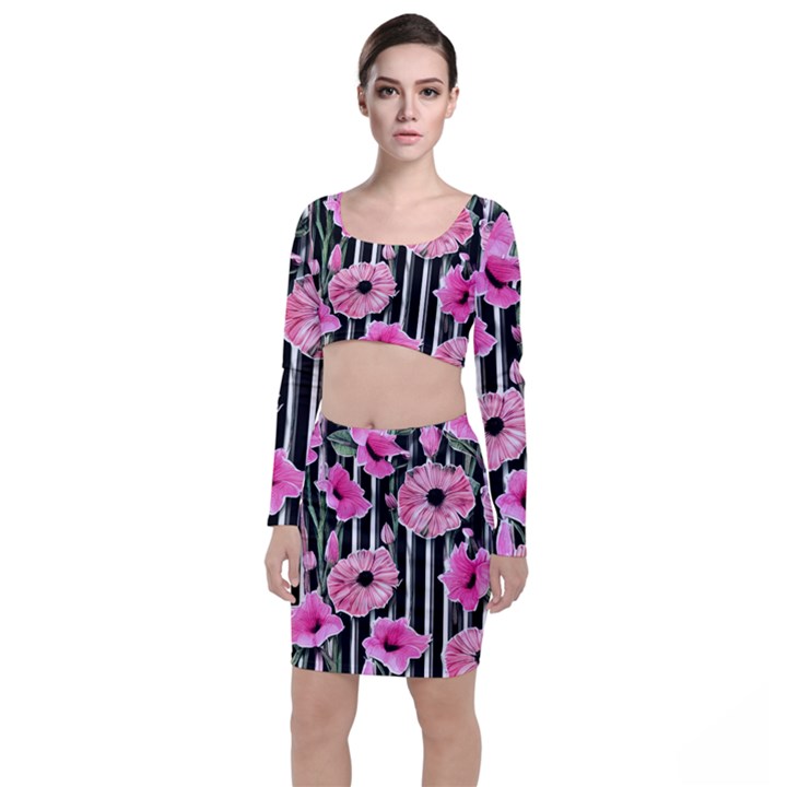 Black Stripes Beautifully watercolor flowers Top and Skirt Sets