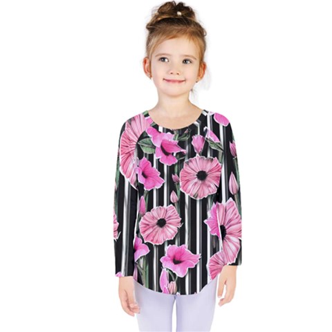 Black Stripes Beautifully Watercolor Flowers Kids  Long Sleeve Tee by GardenOfOphir