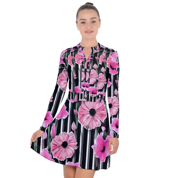 Black Stripes Beautifully watercolor flowers Long Sleeve Panel Dress