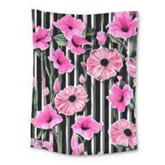 Black Stripes Beautifully Watercolor Flowers Medium Tapestry by GardenOfOphir