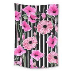 Black Stripes Beautifully Watercolor Flowers Large Tapestry by GardenOfOphir