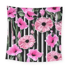 Black Stripes Beautifully Watercolor Flowers Square Tapestry (large) by GardenOfOphir