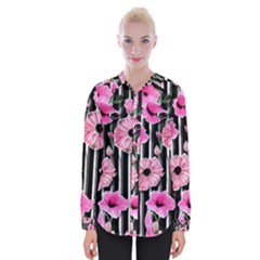 Black Stripes Beautifully Watercolor Flowers Womens Long Sleeve Shirt