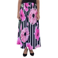 Black Stripes Beautifully Watercolor Flowers Flared Maxi Skirt by GardenOfOphir