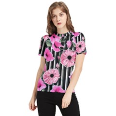 Black Stripes Beautifully Watercolor Flowers Women s Short Sleeve Rash Guard by GardenOfOphir