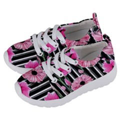 Black Stripes Beautifully Watercolor Flowers Kids  Lightweight Sports Shoes by GardenOfOphir