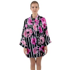 Black Stripes Beautifully Watercolor Flowers Long Sleeve Satin Kimono by GardenOfOphir