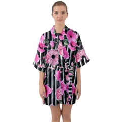 Black Stripes Beautifully Watercolor Flowers Half Sleeve Satin Kimono  by GardenOfOphir