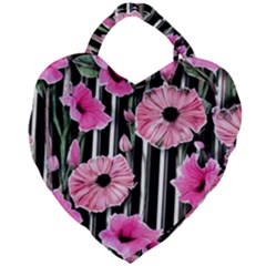 Black Stripes Beautifully Watercolor Flowers Giant Heart Shaped Tote by GardenOfOphir