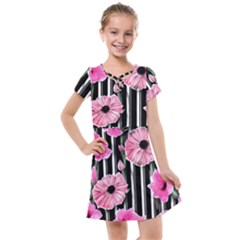 Black Stripes Beautifully Watercolor Flowers Kids  Cross Web Dress