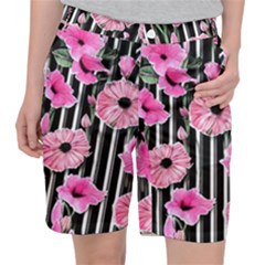 Black Stripes Beautifully Watercolor Flowers Pocket Shorts by GardenOfOphir