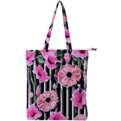 Black Stripes Beautifully Watercolor Flowers Double Zip Up Tote Bag by GardenOfOphir