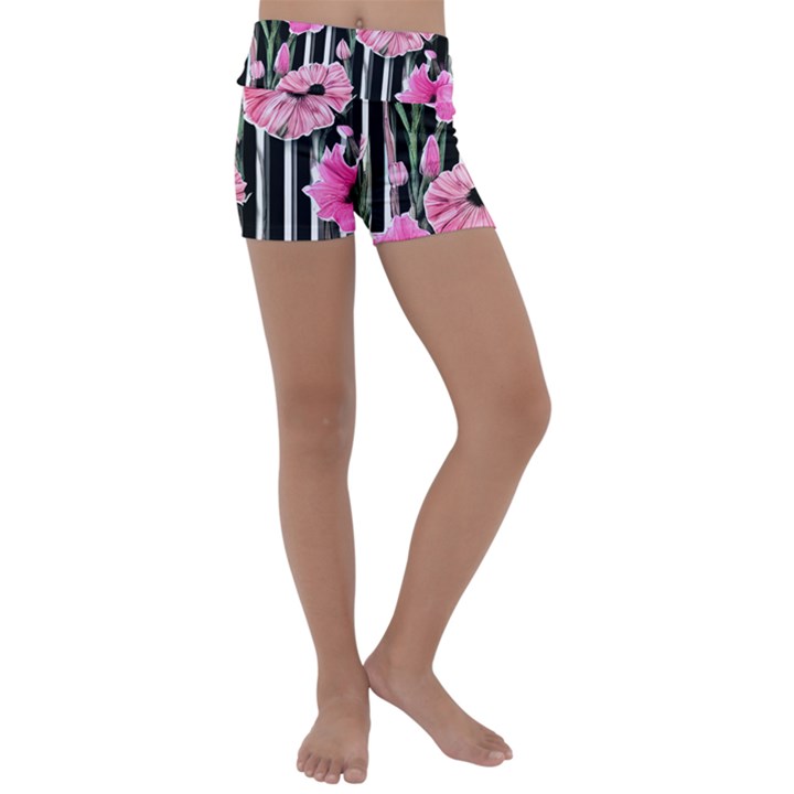 Black Stripes Beautifully watercolor flowers Kids  Lightweight Velour Yoga Shorts