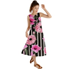 Black Stripes Beautifully Watercolor Flowers Summer Maxi Dress by GardenOfOphir