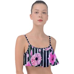 Black Stripes Beautifully Watercolor Flowers Frill Bikini Top by GardenOfOphir