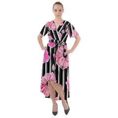 Black Stripes Beautifully Watercolor Flowers Front Wrap High Low Dress by GardenOfOphir