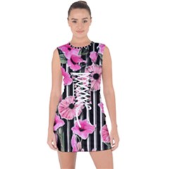 Black Stripes Beautifully Watercolor Flowers Lace Up Front Bodycon Dress by GardenOfOphir