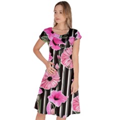 Black Stripes Beautifully Watercolor Flowers Classic Short Sleeve Dress by GardenOfOphir