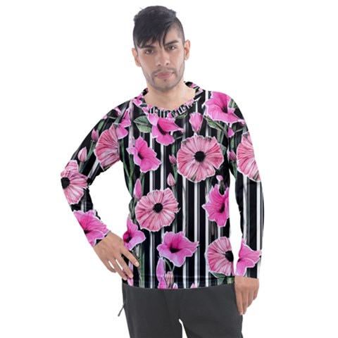 Black Stripes Beautifully Watercolor Flowers Men s Pique Long Sleeve Tee by GardenOfOphir