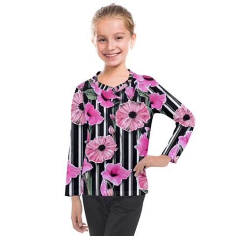 Black Stripes Beautifully Watercolor Flowers Kids  Long Mesh Tee by GardenOfOphir