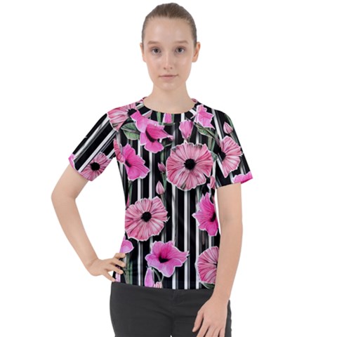 Black Stripes Beautifully Watercolor Flowers Women s Sport Raglan Tee by GardenOfOphir