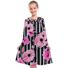 Black Stripes Beautifully Watercolor Flowers Kids  Midi Sailor Dress by GardenOfOphir